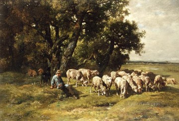 動物 Painting - 羊飼いとその群れ チャールズ・エミール・ジャック